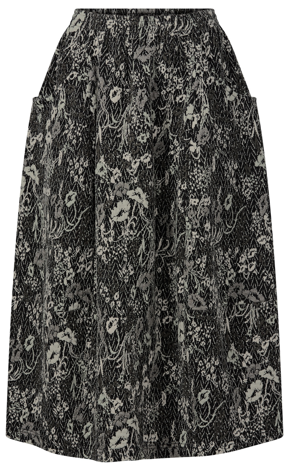 schwarzer Rock mit elastischem Bund, grauem floralem Muster und seitlichen Eingrifftaschen, knieumspielende Länge, lockere Passform
