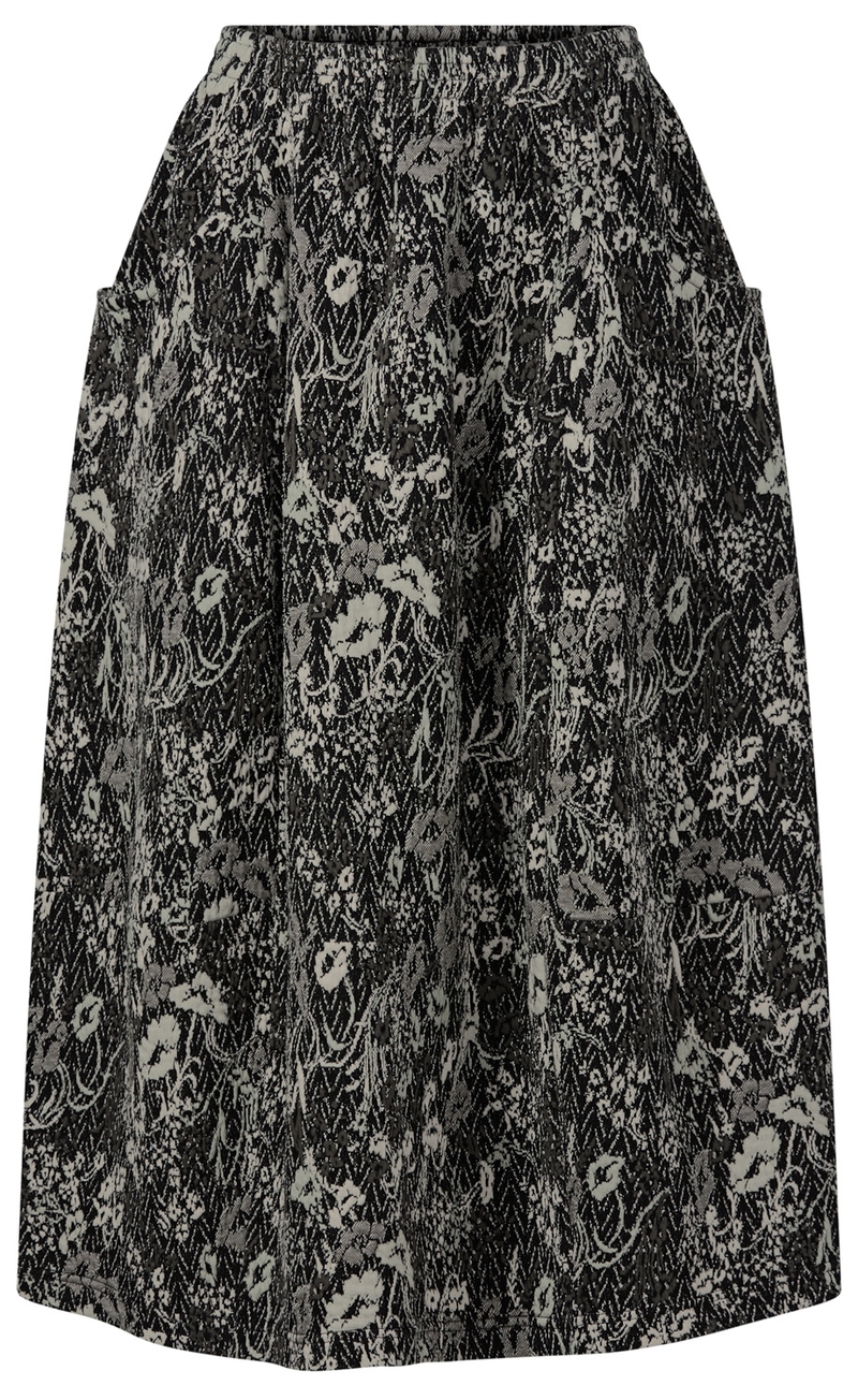 schwarzer Rock mit elastischem Bund, grauem floralem Muster und seitlichen Eingrifftaschen, knieumspielende Länge, lockere Passform
