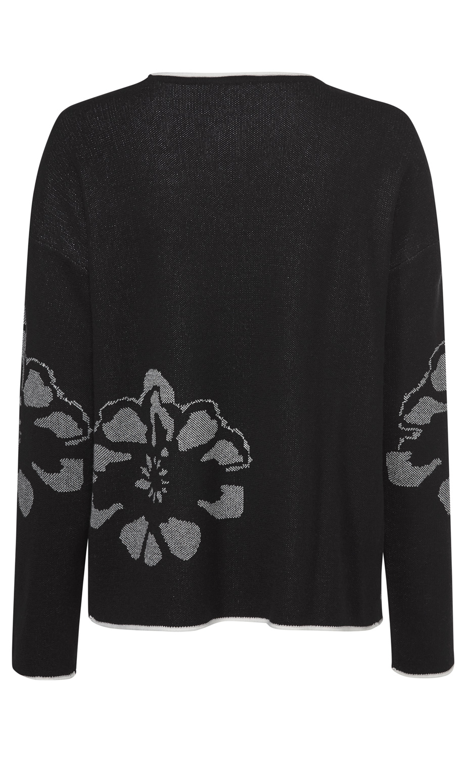 Schwarzer Baumwoll-Mix-Pullover mit großflächigem grauem Blumenmuster auf Rücken und Ärmeln, Rundhalsausschnitt und geradem Saum, Rückansicht.