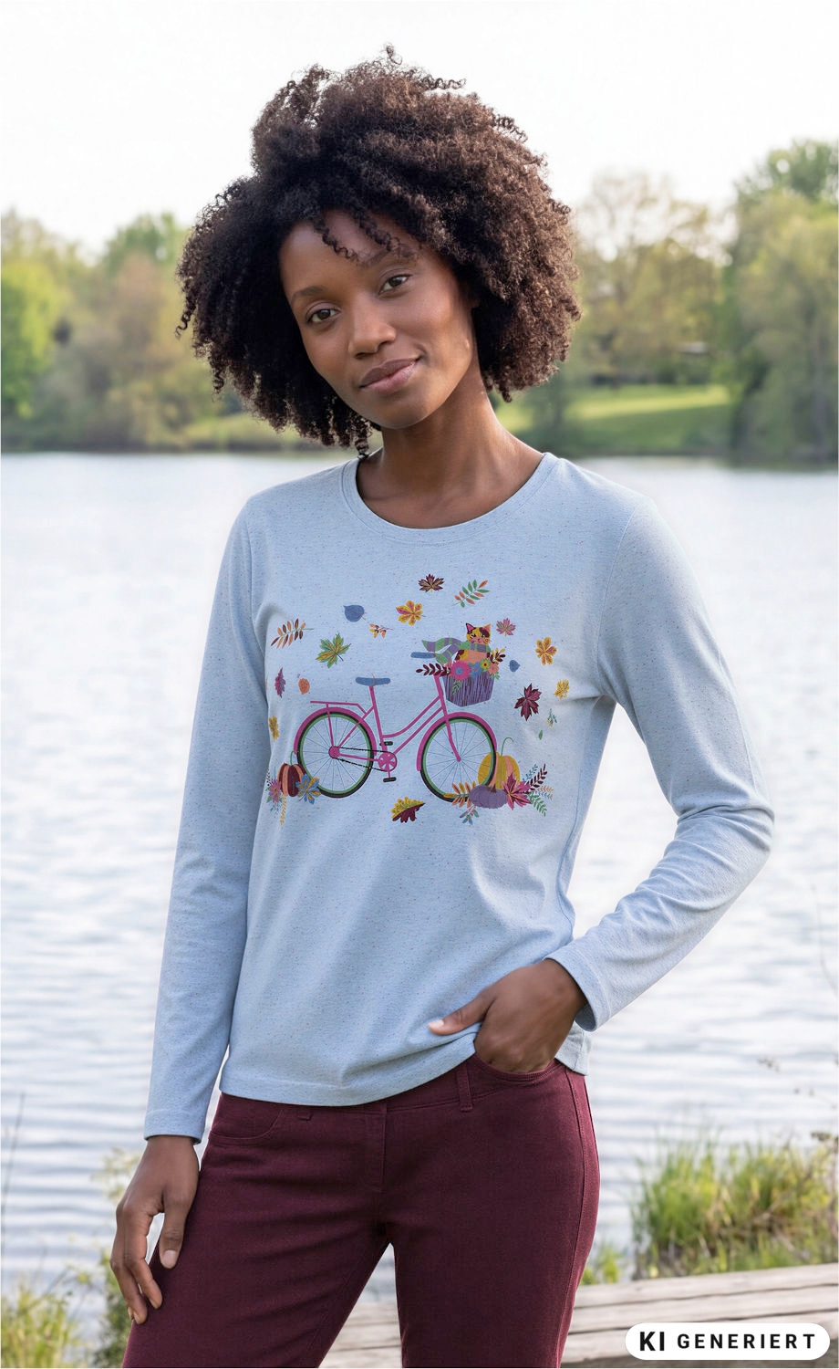Frau mit lockigem Haar trägt hellblaues Baumwoll-Mix Langarmshirt mit buntem Fahrrad- und Blätter-Print, steht mit einer Hand in weinroter Hose vor einem See mit Bäumen im Hintergrund