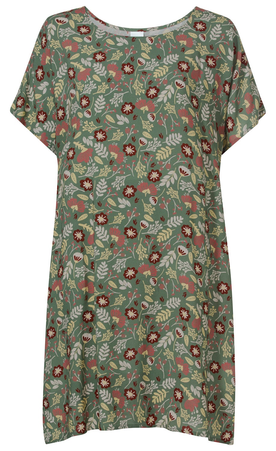 Viskose-Kaftan mit lockerem Schnitt, kurzem Ärmel, rundem Ausschnitt, grünem Grund mit floralen Mustern in Rot, Beige und Weiß