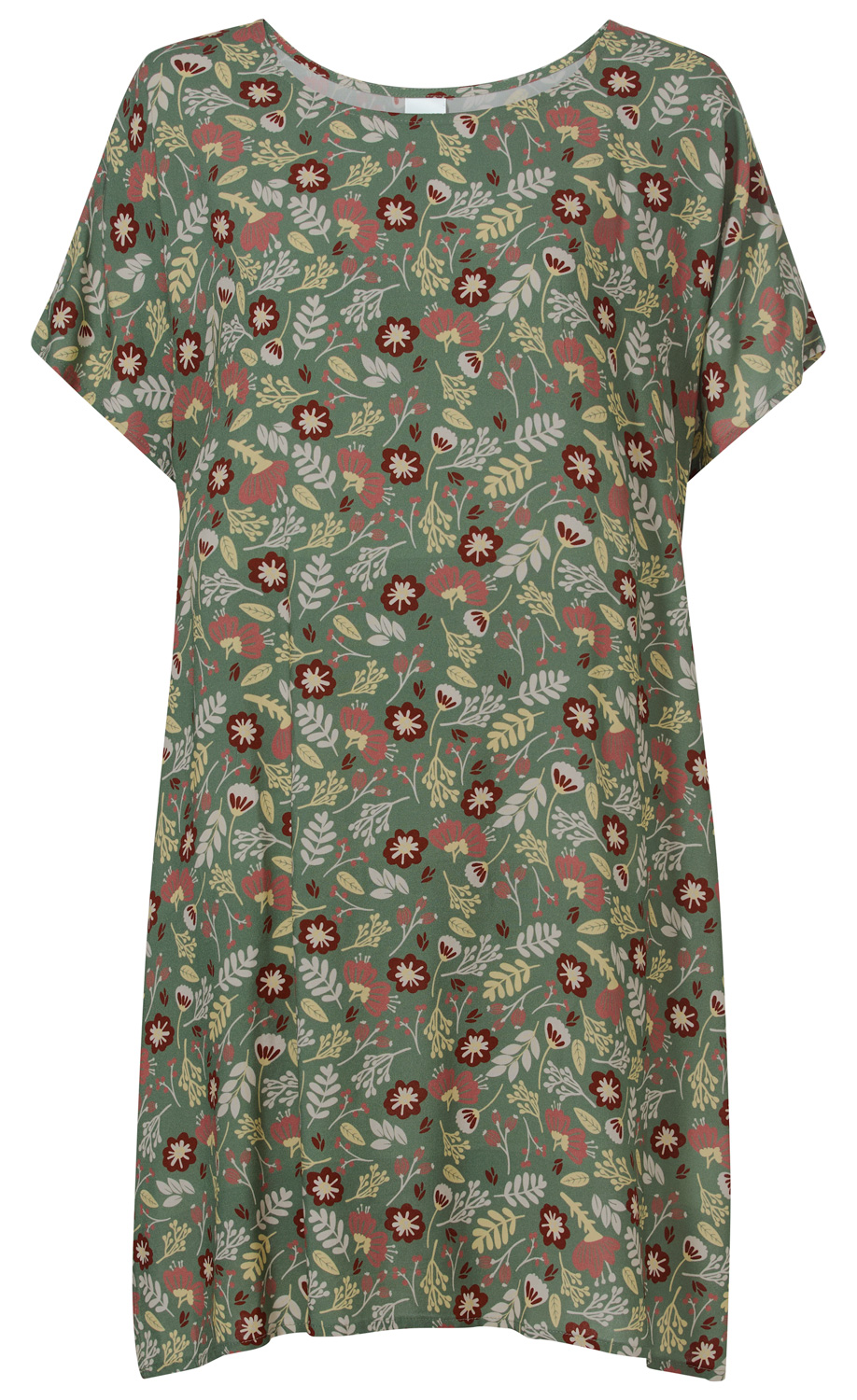 Viskose-Kaftan mit lockerem Schnitt, kurzem Ärmel, rundem Ausschnitt, grünem Grund mit floralen Mustern in Rot, Beige und Weiß
