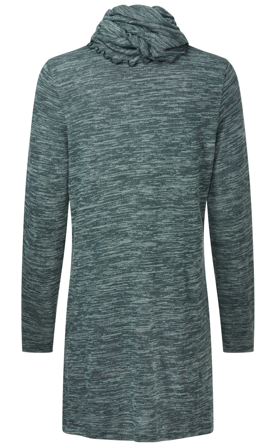 grau-grün melierter, langärmliger Strickpullover mit lockerem, gerafftem Kragen, rückseitig, mittellang, schmal geschnitten