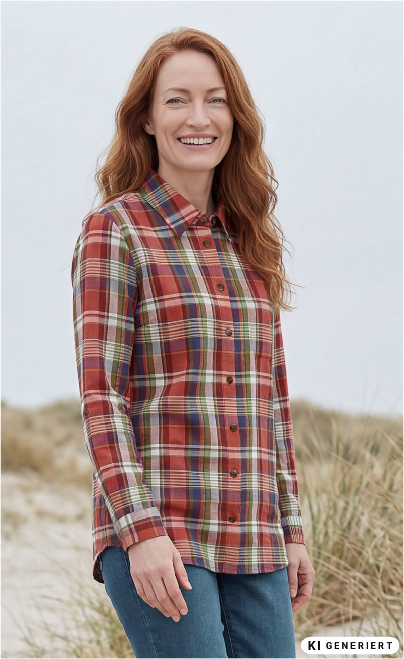 lächelnde frau mit roten haaren, trägt kariertes langarmhemd in rot, grün, blau und weiß, steht im freien mit gras und sand im hintergrund, lässige jeans