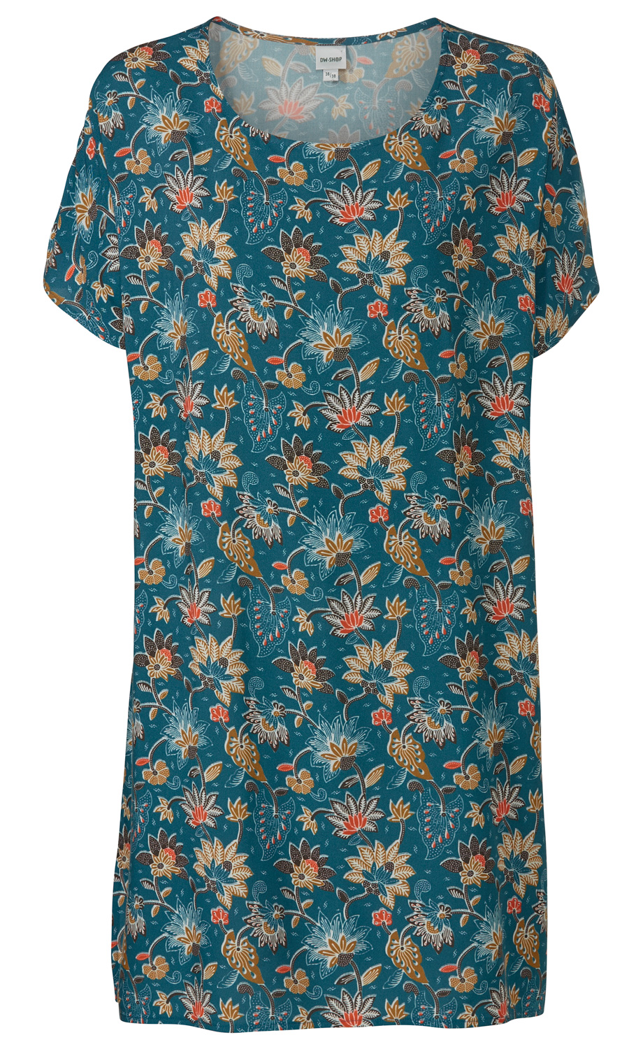 Viskose-Kaftan in Petrol mit kurzem Arm, rundem Ausschnitt und floralem Muster in Beige, Hellblau, Braun und Rot, locker geschnitten, lang und gerade geschnitten.