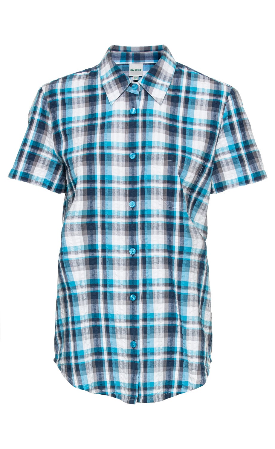 Baumwoll-Bluse mit kurzem Ärmel, kariert in Blau-, Weiß- und Grautönen, mit durchgehender Knopfleiste und Hemdblusenkragen.