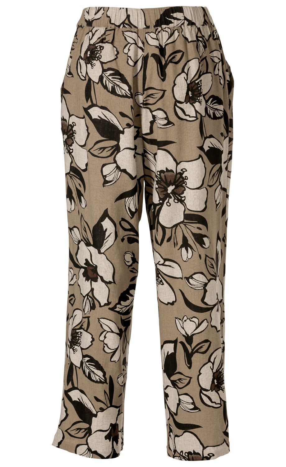 Bequeme Viskose-Mix-Hose in Beige mit weitem Schnitt, elastischem Bund und floralem Muster in Schwarz, Weiß und Dunkelbraun