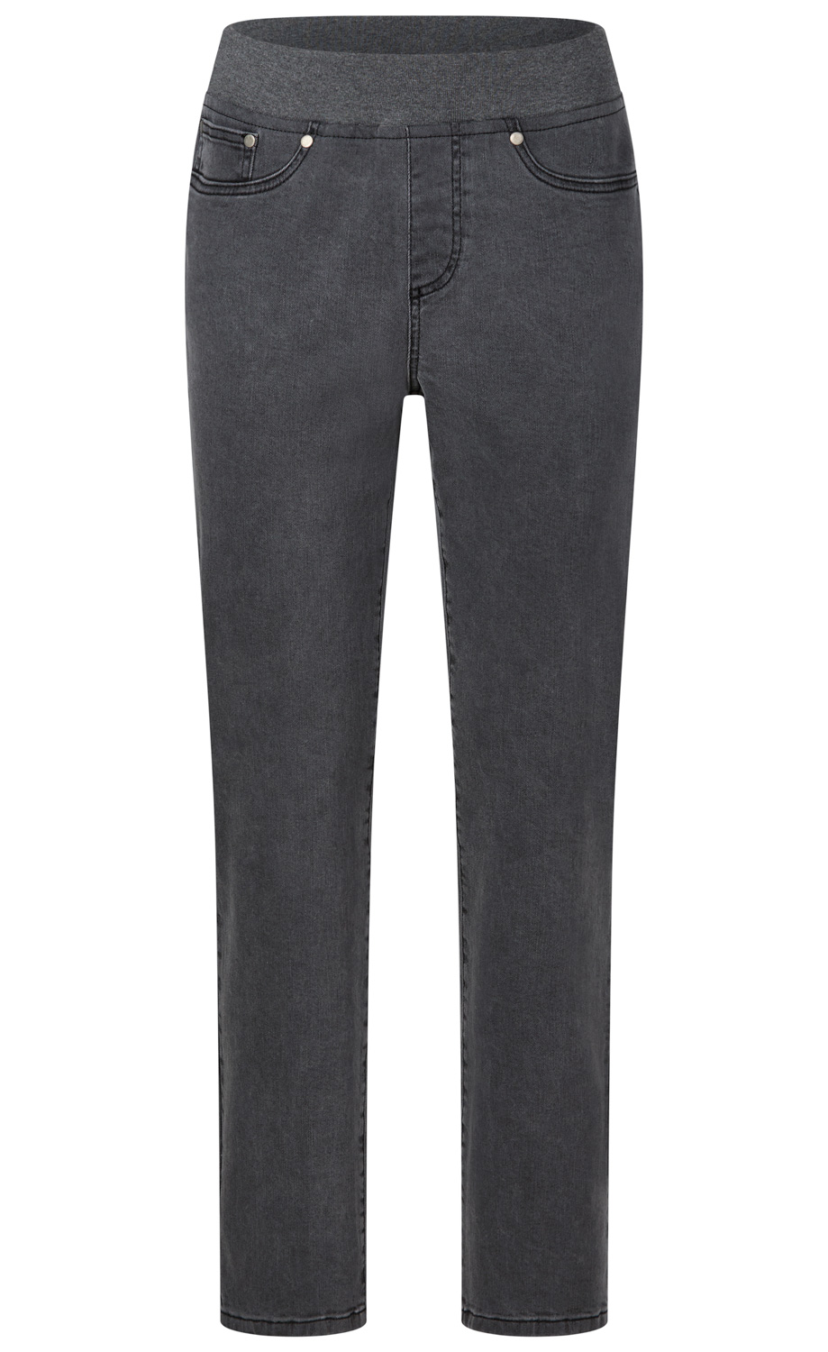 Damenjeans in dunklem Grau mit elastischem Bund, zwei vorderen Taschen mit Nieten, schmalem Beinverlauf, ohne sichtbaren Verschluss, normale Länge