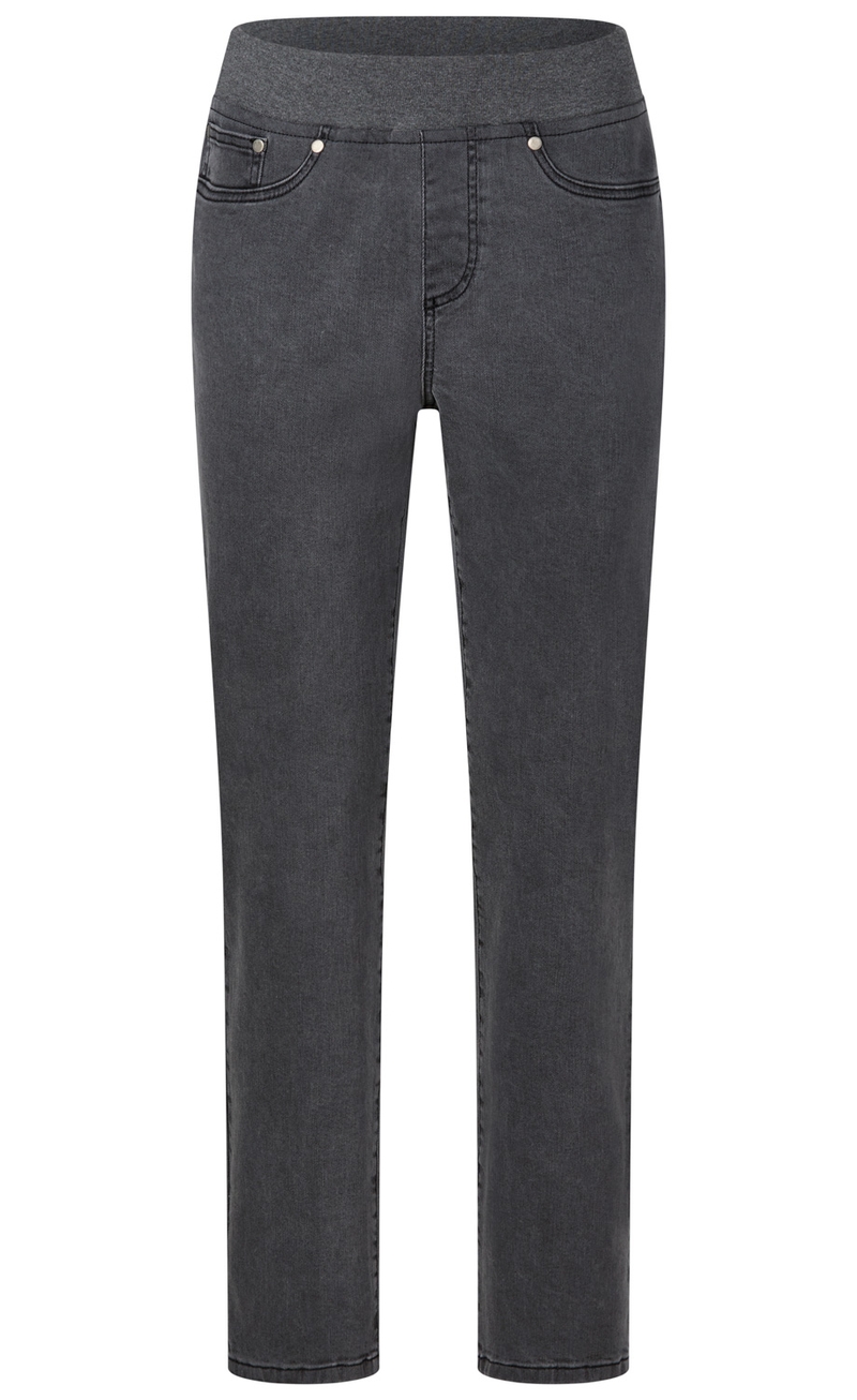 Damenjeans in dunklem Grau mit elastischem Bund, zwei vorderen Taschen mit Nieten, schmalem Beinverlauf, ohne sichtbaren Verschluss, normale Länge