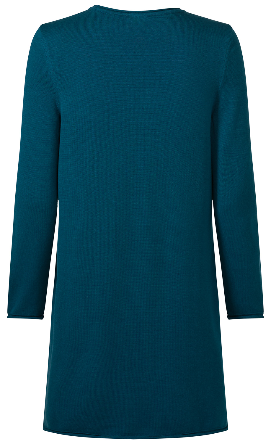 Baumwoll-Mix-Kleid in Petrol, lange Ärmel, gerade geschnitten, mittellange Länge, schlichter Rundhalsausschnitt, weicher Stoff, Rückenansicht auf weißem Hintergrund