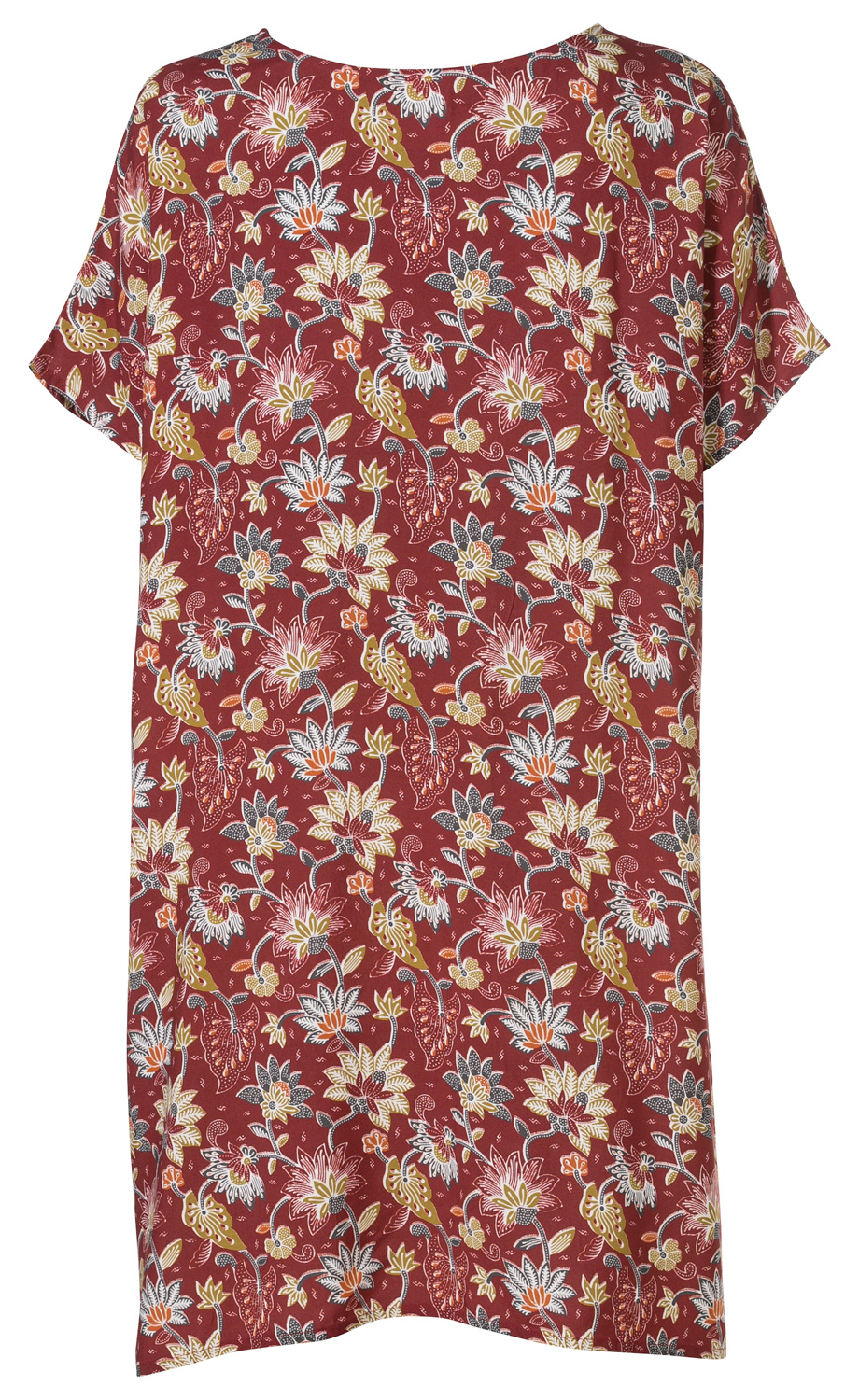Viskose-Kaftan in Bordeauxrot mit kurzem Ärmel, bedruckt mit floralem Muster in Beige, Orange, Senfgelb und Weiß, lockere Passform, Rückansicht, leichte Stoffstruktur
