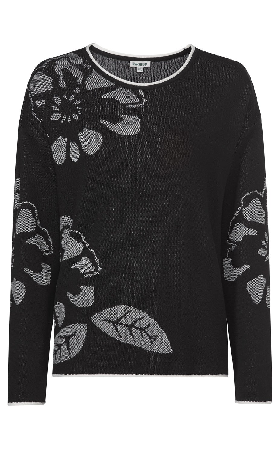 Schwarzer Baumwoll-Mix-Pullover mit rundem Ausschnitt, langen Ärmeln und grossen grauen Blumen- und Blattmustern an Schultern, Ärmeln und unterem Bereich, kontrastfarbene weiße Saumabschlüsse