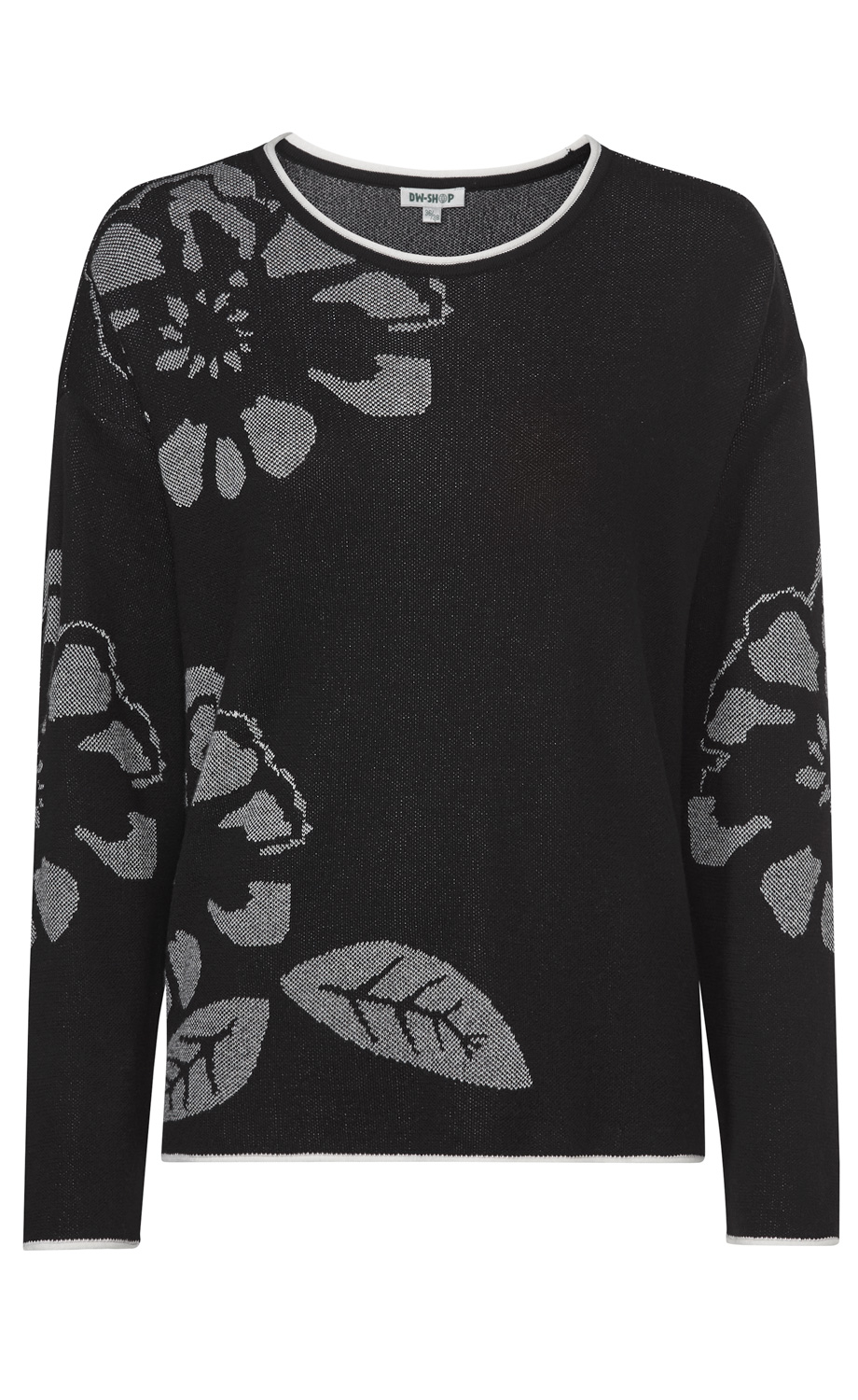 Schwarzer Baumwoll-Mix-Pullover mit rundem Ausschnitt, langen Ärmeln und grossen grauen Blumen- und Blattmustern an Schultern, Ärmeln und unterem Bereich, kontrastfarbene weiße Saumabschlüsse