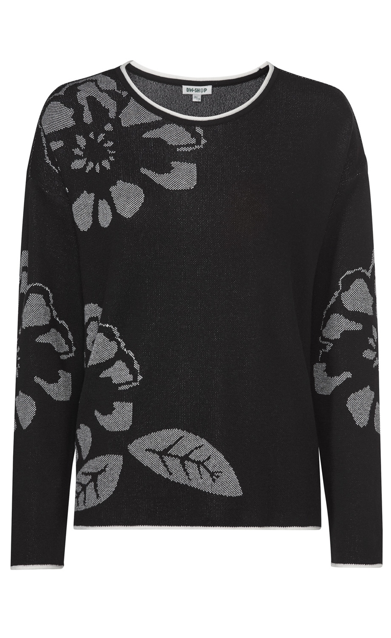 Schwarzer Baumwoll-Mix-Pullover mit rundem Ausschnitt, langen Ärmeln und grossen grauen Blumen- und Blattmustern an Schultern, Ärmeln und unterem Bereich, kontrastfarbene weiße Saumabschlüsse