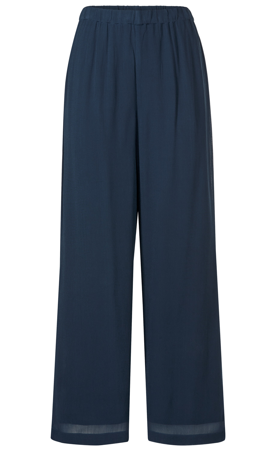 dunkelblaue weit geschnittene Viskose-Hose mit elastischem Bund, luftiger und leichter Stoff, gerade geschnittene Beine, ohne sichtbare Taschen oder Muster auf weißem Hintergrund