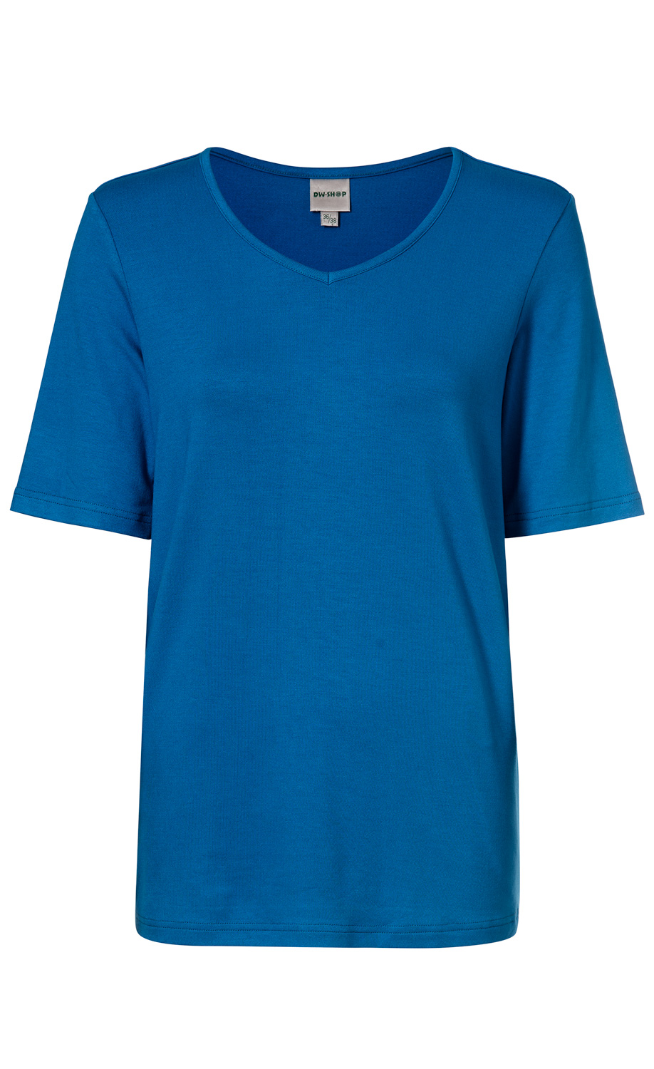 Viskose-Mix-Shirt in Blau mit V-Ausschnitt, kurzen Ärmeln und geradem Schnitt, einfachem Design, ohne Muster oder Aufdruck, frontale Ansicht auf weißem Hintergrund.