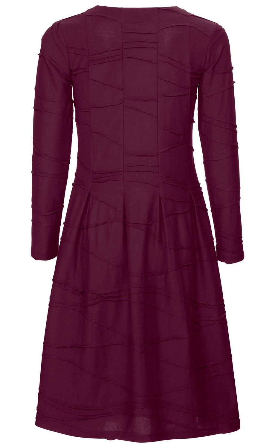 Rückenansicht Baumwoll-Kleid mit langen Ärmeln in Dunkelrot, locker fallend, dekorative waagerechte Nähten über das gesamte Kleid verteilt, mittellang, Rundhalsausschnitt, leichte A-Linien-Form