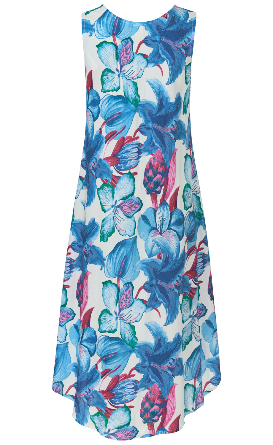 Ärmelloses Viskose-Kleid in A-Linie, mit rundem Ausschnitt, weißer Grundfarbe, blau-pink-grünem großflächigem floralem Muster, lockerer Passform, leicht geschwungenem Saum.