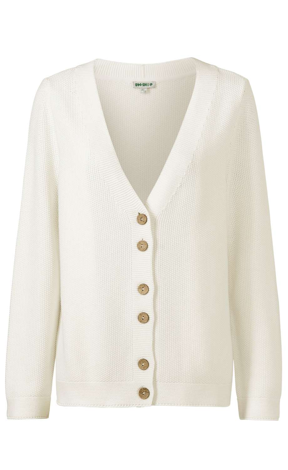 Baumwoll-Strickjacke in Creamweiß mit V-Ausschnitt, durchgehender Knopfleiste aus Holzoptik, strukturiertem Strickmuster, langen Ärmeln und geradem Schnitt.