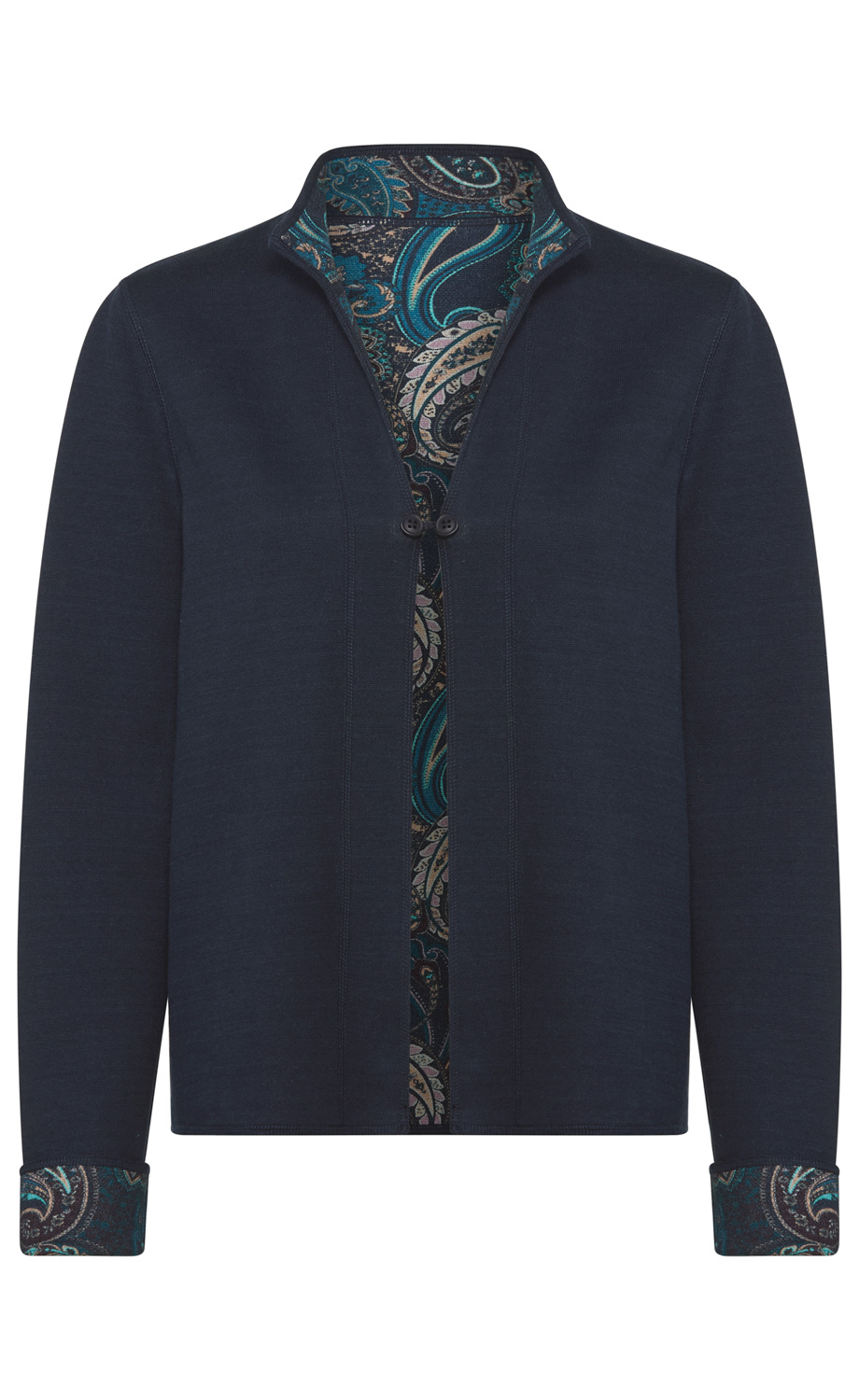 Dunkelblaue Langarmjacke mit Stehkragen, Knopfverschluss vorne, innen sowie an Kragen und Ärmelumschlägen ein blau-graues Paisley-Muster sichtbar