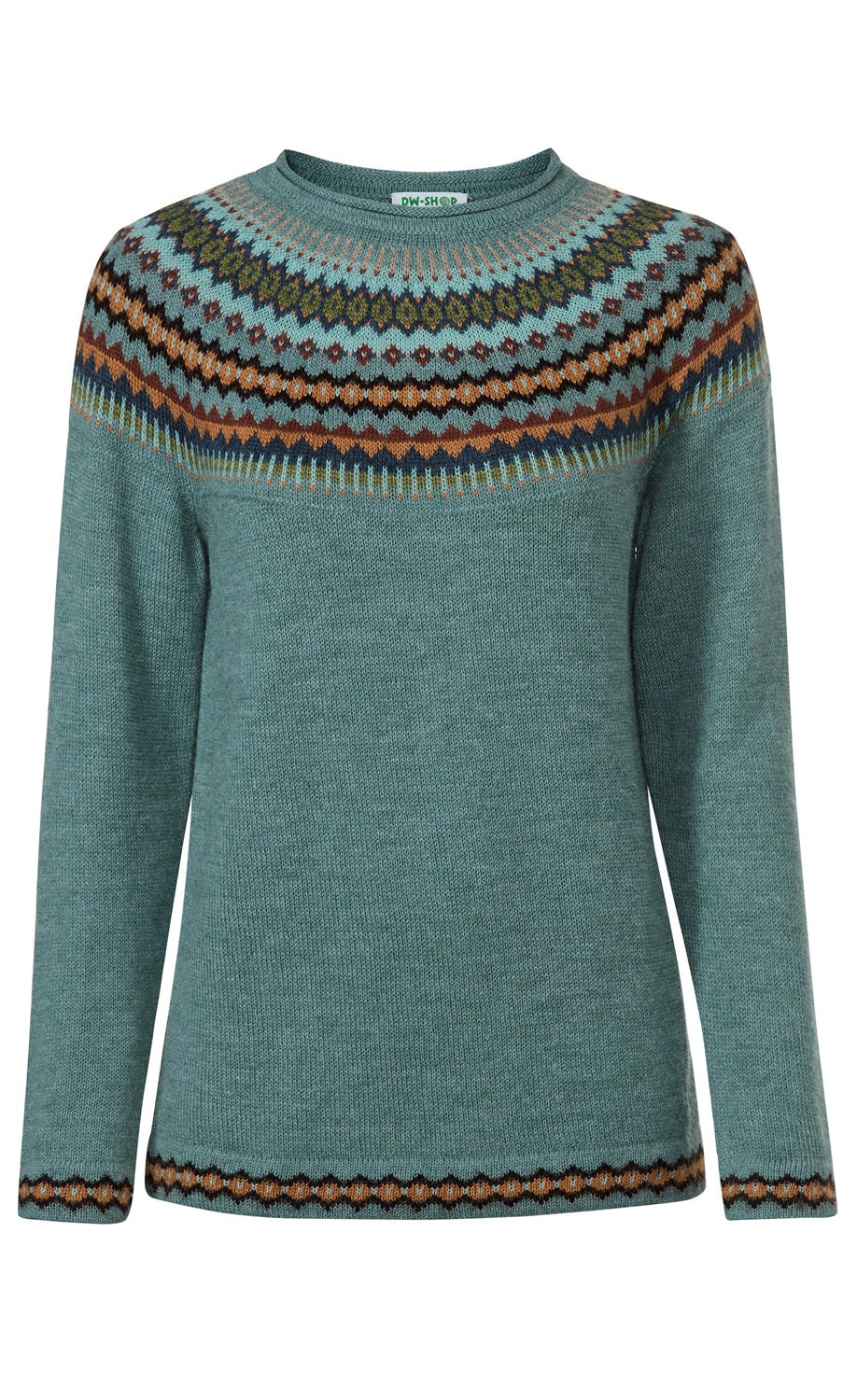 Alpaka-Pullover in Türkis mit langem Arm, Rundhalsausschnitt und farbigem, geometrischem Norweger-Muster in Orange, Braun, Blau und Grün an Kragen, Ärmeln und Saum, kuschelig und warm gestrickt.