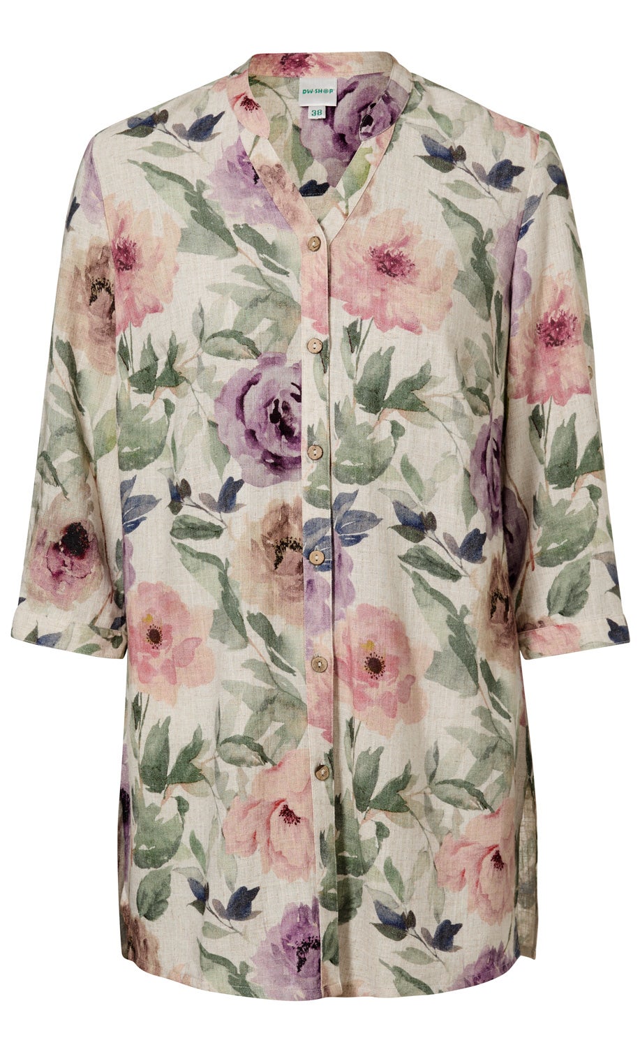 Viskose-Mix-Bluse mit floralem Muster in Pastellfarben, V-Ausschnitt, durchgehende Knopfleiste, 3/4-Ärmel, lockere Passform, beige Grundfarbe mit rosa, lila und grünen Blüten und Blättern