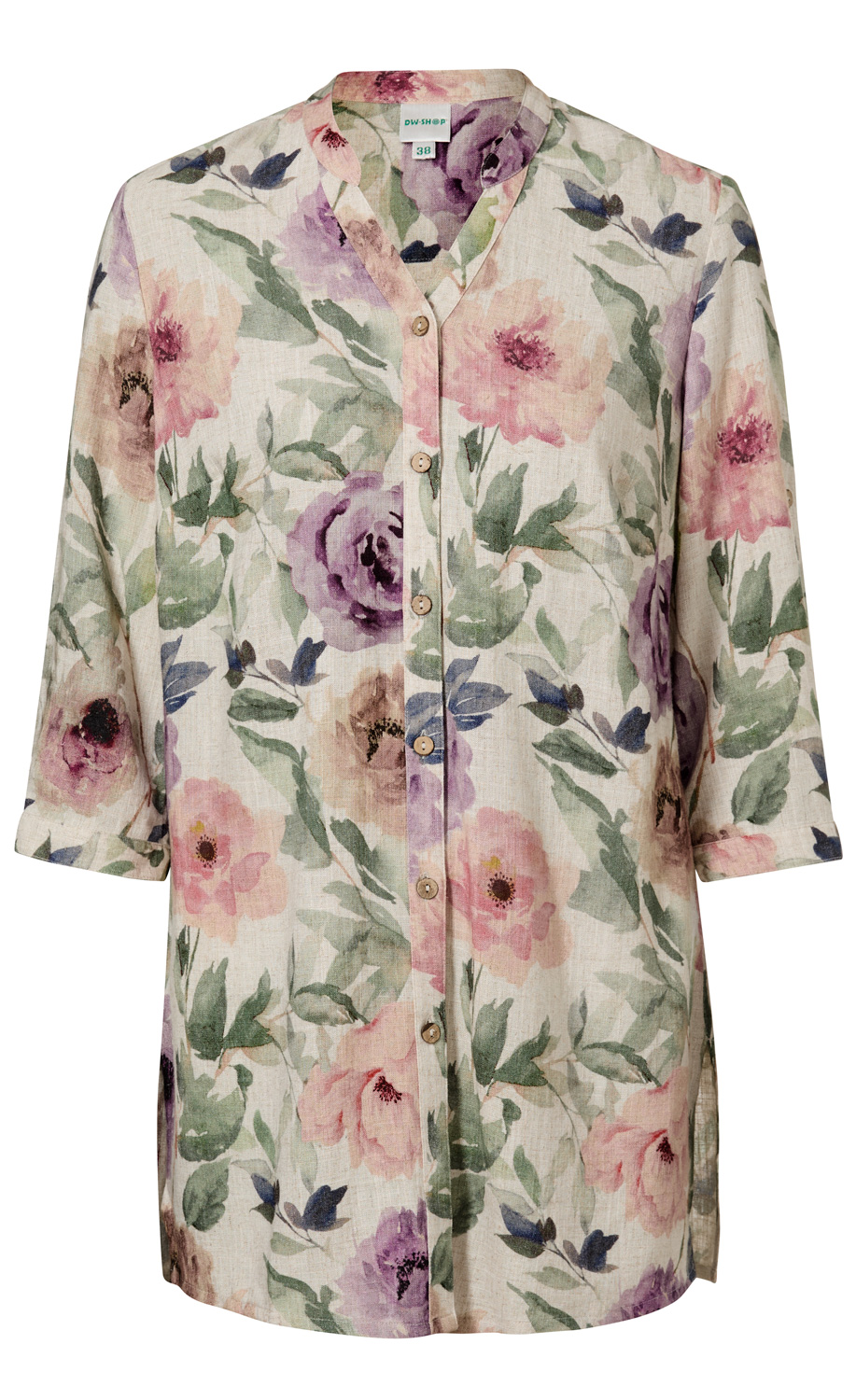 Viskose-Mix-Bluse mit floralem Muster in Pastellfarben, V-Ausschnitt, durchgehende Knopfleiste, 3/4-Ärmel, lockere Passform, beige Grundfarbe mit rosa, lila und grünen Blüten und Blättern