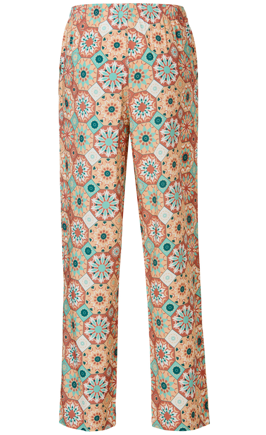 Hose aus Viskose mit elastischem Bund, geradem Schnitt, Cremefarbenes Grundmuster mit terrakotta, türkis und weißen achteckigen Mandala-Elementen, passt gut für Lockere Freizeit- und Sommerlooks