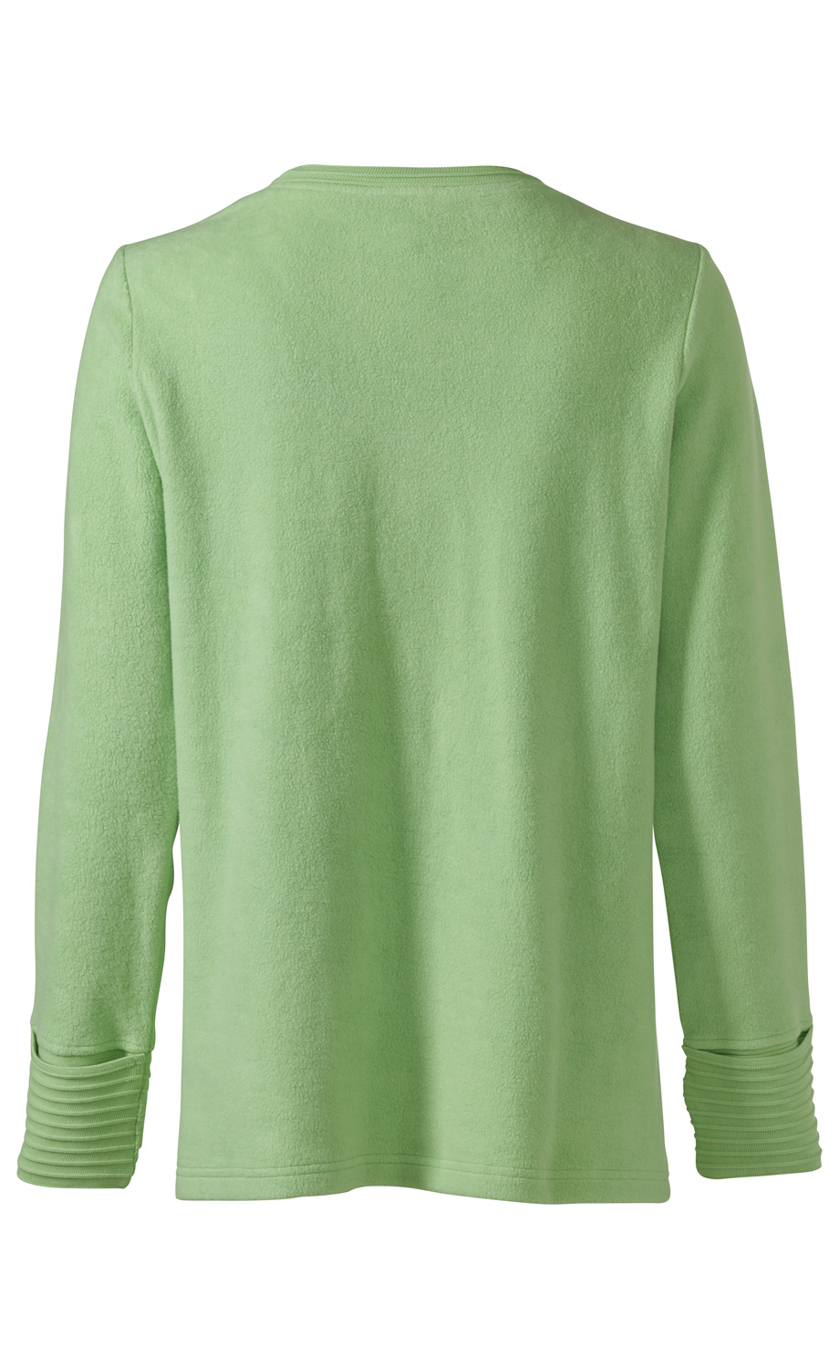 Baumwoll-Fleece-Pullover in hellgrün, Rückansicht, lange Ärmel mit gerippten Bündchen, runder Halsausschnitt, weiche, fleecige Struktur, gerade geschnittene Passform.