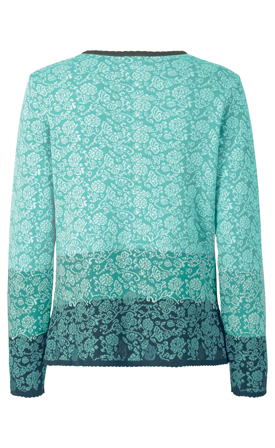 Rückansicht einer Baumwoll-Strickjacke mit langem Arm in Türkis und Dunkelblau, verspieltem floralen Muster in Weiß, schmaler Rundhalsausschnitt und feinem Rippenabschluss an Ärmeln und Saum