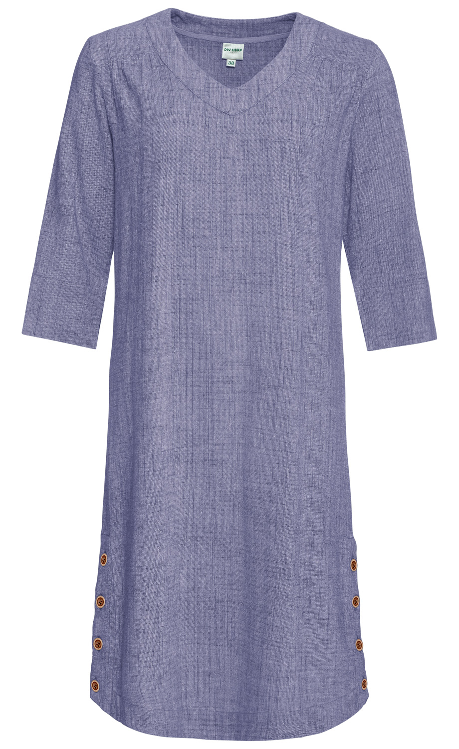 blaues Baumwoll-Kleid mit V-Ausschnitt, 3/4 Ärmeln, gerade geschnitten, seitlich mit je vier braunen Knöpfen verziert, Größe 38, schlichtes, leicht strukturiertes Design