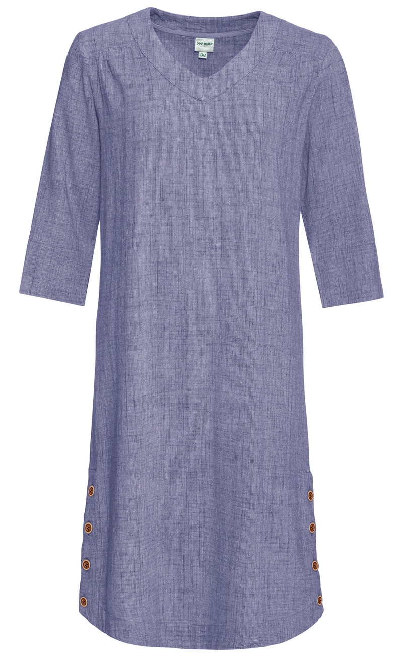 blaues Baumwoll-Kleid mit V-Ausschnitt, 3/4 Ärmeln, gerade geschnitten, seitlich mit je vier braunen Knöpfen verziert, Größe 38, schlichtes, leicht strukturiertes Design