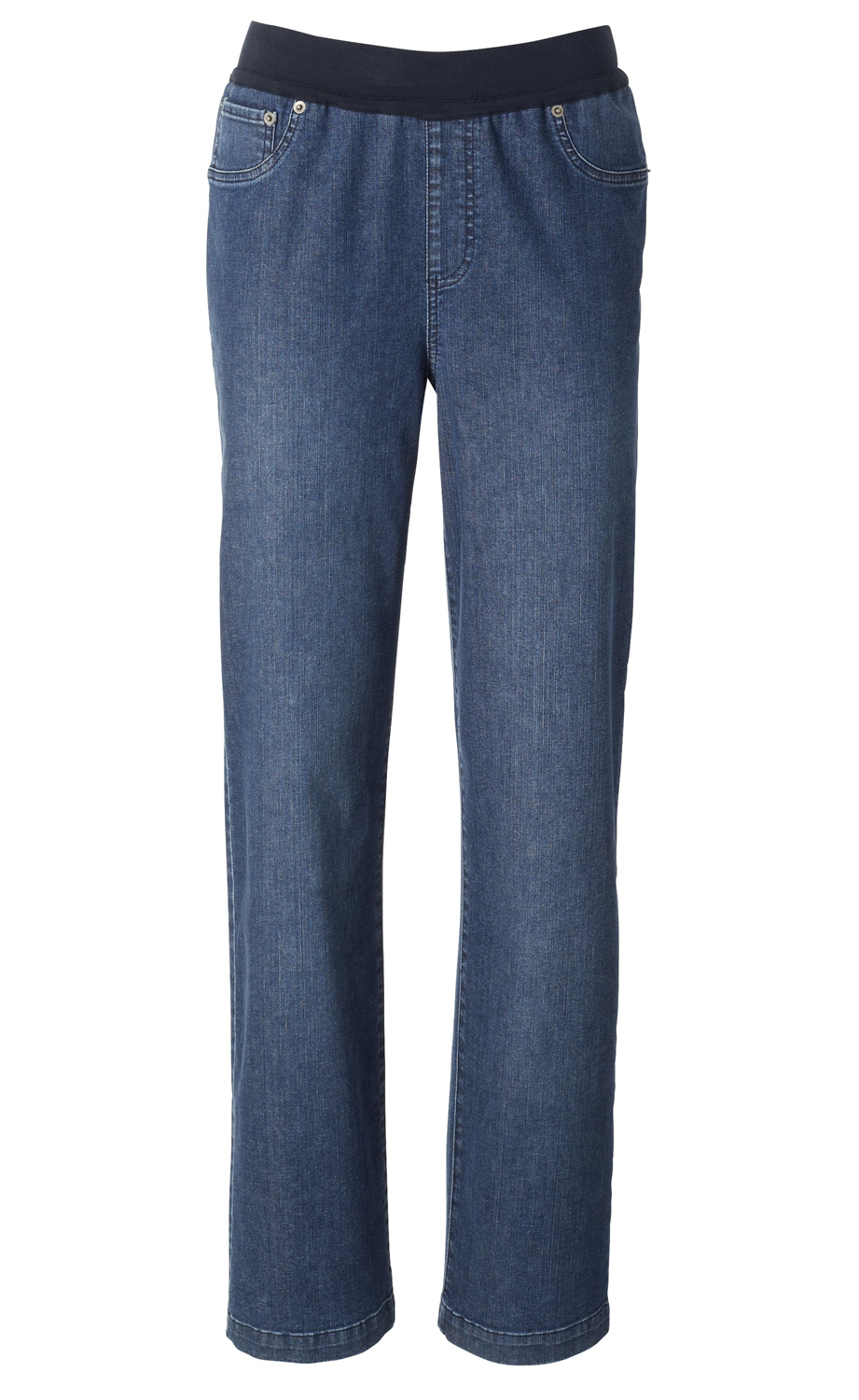 Baumwoll-Hose in Denim-Optik mit elastischem Bund, geradem Bein, zwei vorderen Taschen, dunkelblauem Bund und heller Naht.