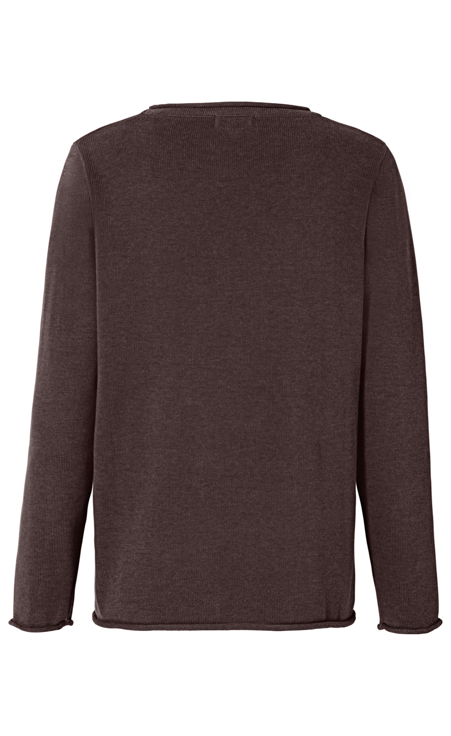 Rückenansicht eines schlichten, braunen Langarm-Pullovers aus feinem Strickstoff mit rundem Halsausschnitt und leicht gerollten Säumen an Ärmeln und Bund