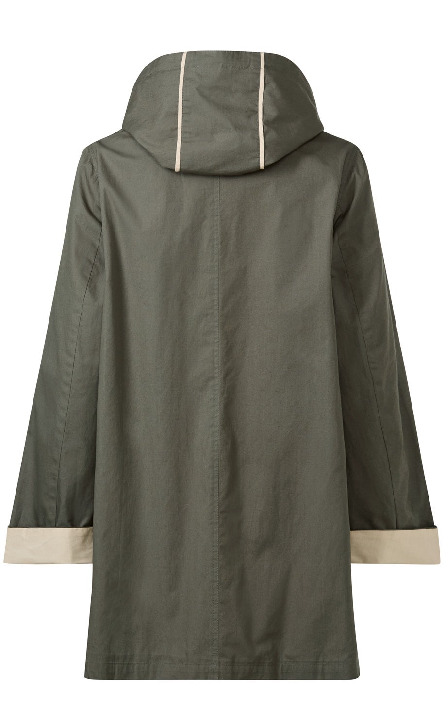 Baumwoll-Jacke, Rückansicht, olivgrün mit hellen Akzenten an Kapuze und Ärmelsäumen, lange Ärmel, gerade geschnitten, Kapuze mit zwei hellen vertikalen Streifen, schlichtes Design ohne sichtbare Verschlüsse oder Taschen