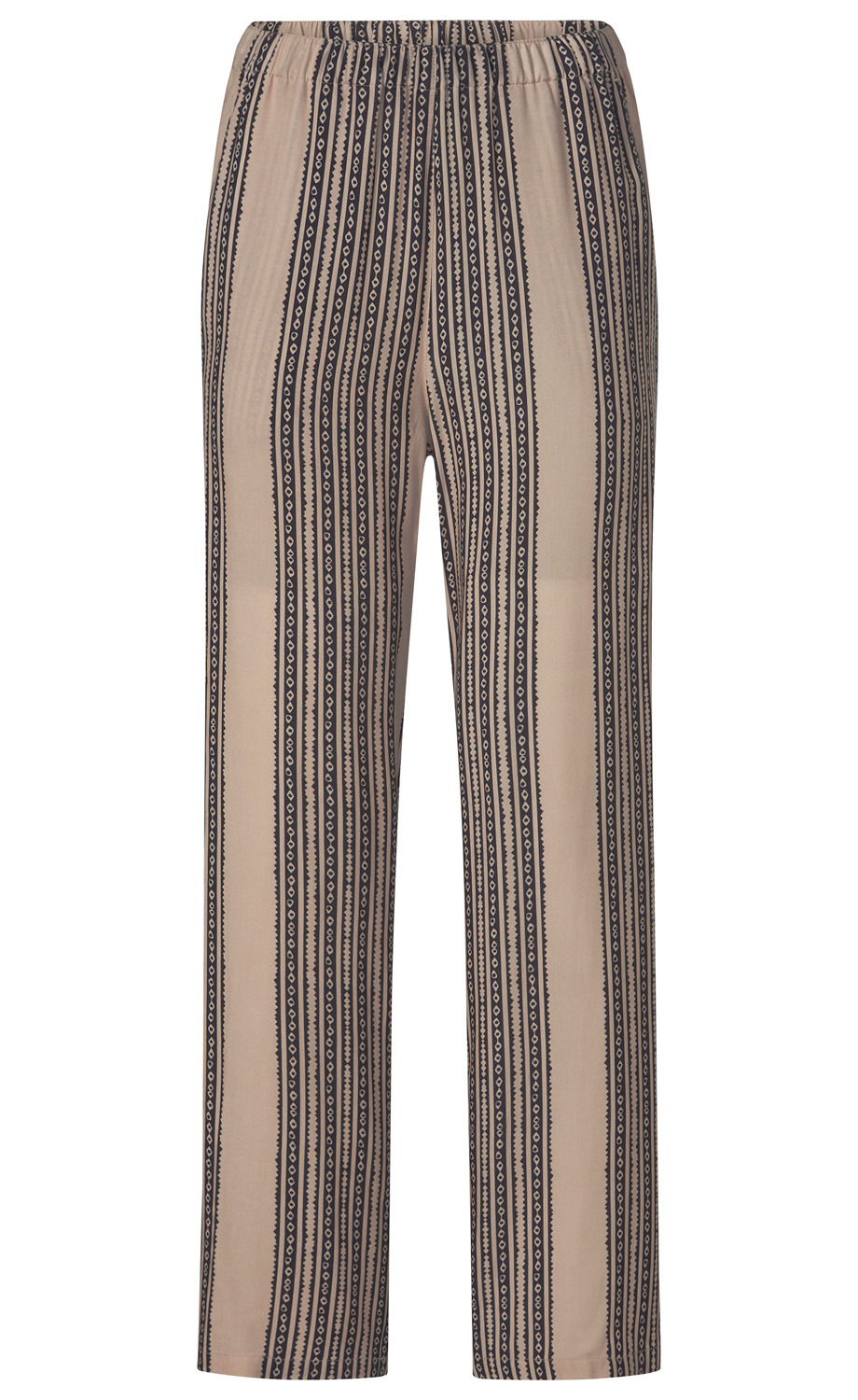 Beige Viskose-Hose mit elastischem Bund und verticalem Streifenmuster in Dunkelblau, gerade geschnitten, lang, leichte Stoffqualität.