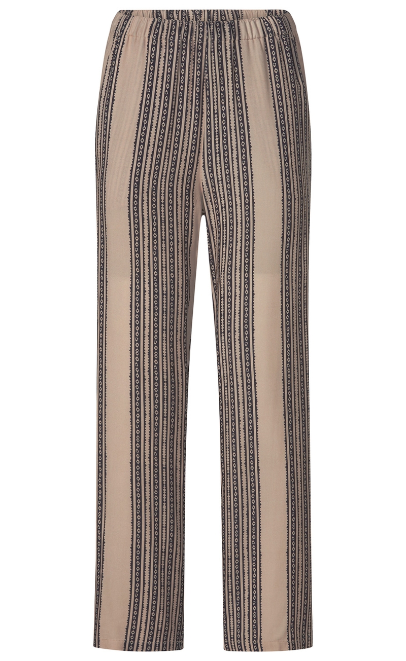 Beige Viskose-Hose mit elastischem Bund und verticalem Streifenmuster in Dunkelblau, gerade geschnitten, lang, leichte Stoffqualität.
