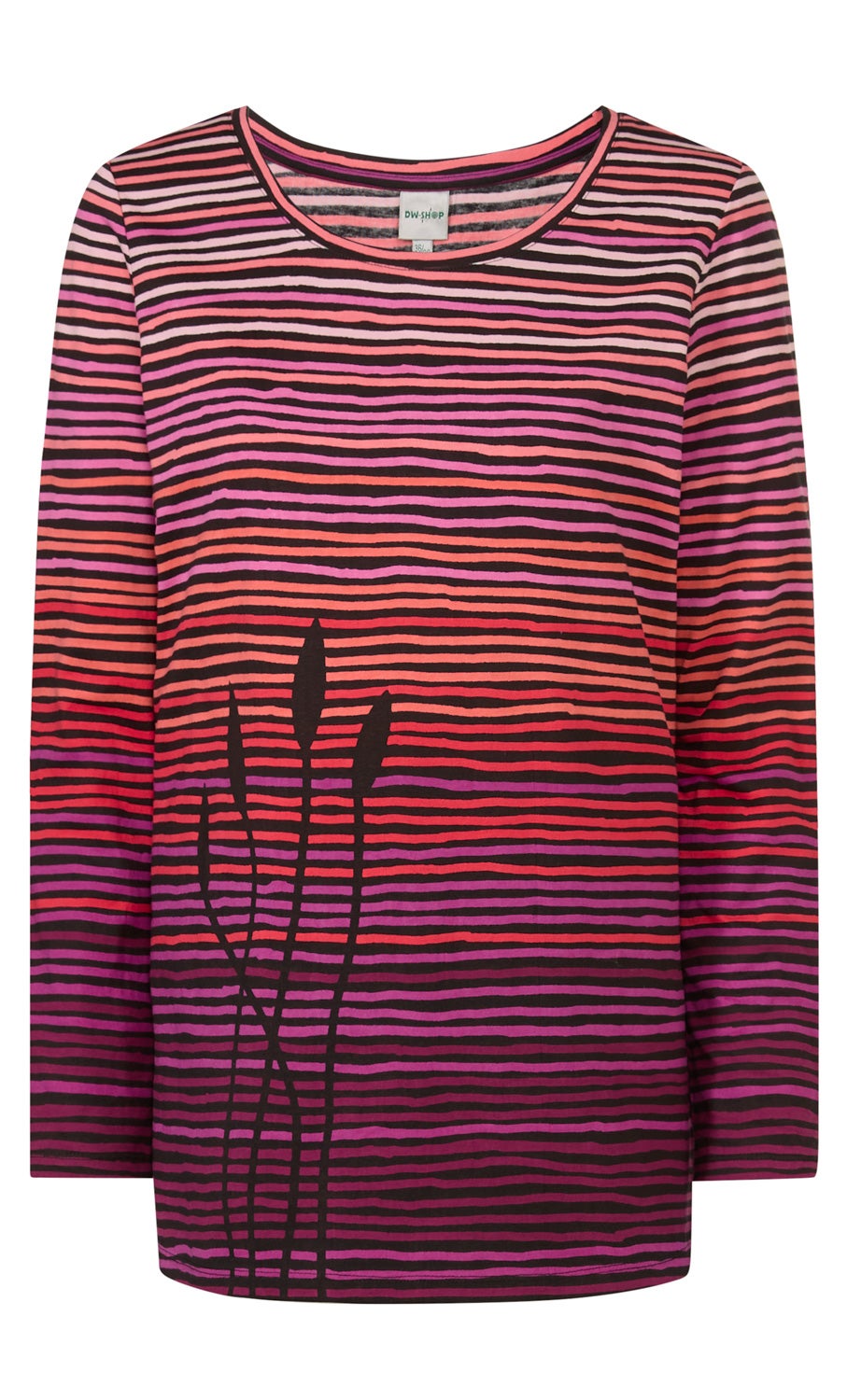 Baumwoll-Shirt mit langen Ärmeln, Rundhalsausschnitt, gestreift in Rosa, Rot, Lila und Schwarz, vorne schwarzes Schilf-Motiv, gerade Passform.