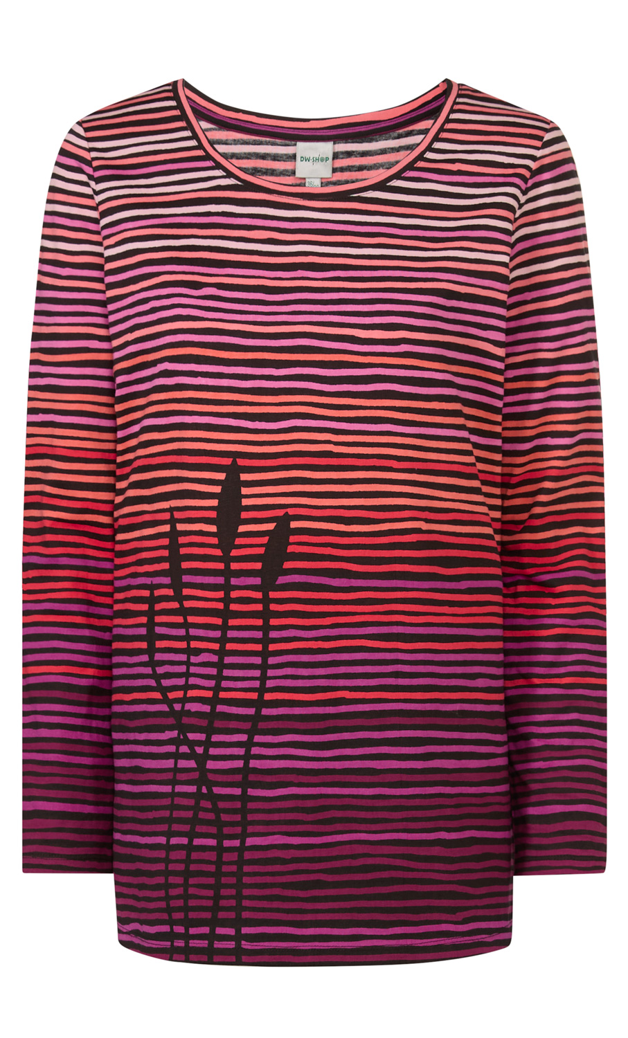 Baumwoll-Shirt mit langen Ärmeln, Rundhalsausschnitt, gestreift in Rosa, Rot, Lila und Schwarz, vorne schwarzes Schilf-Motiv, gerade Passform.