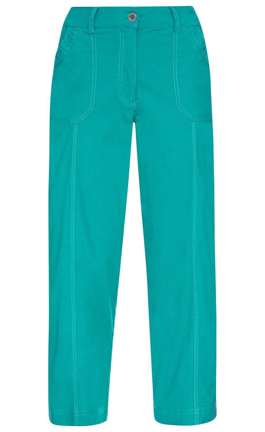 Baumwoll-Mix-Hose in kräftigem Türkis, gerade geschnitten, mit vier Taschen, Hosenschlitz mit Knopfverschluss, sichtbaren hellen Doppelnahtdetails am Bund und entlang der Beine.