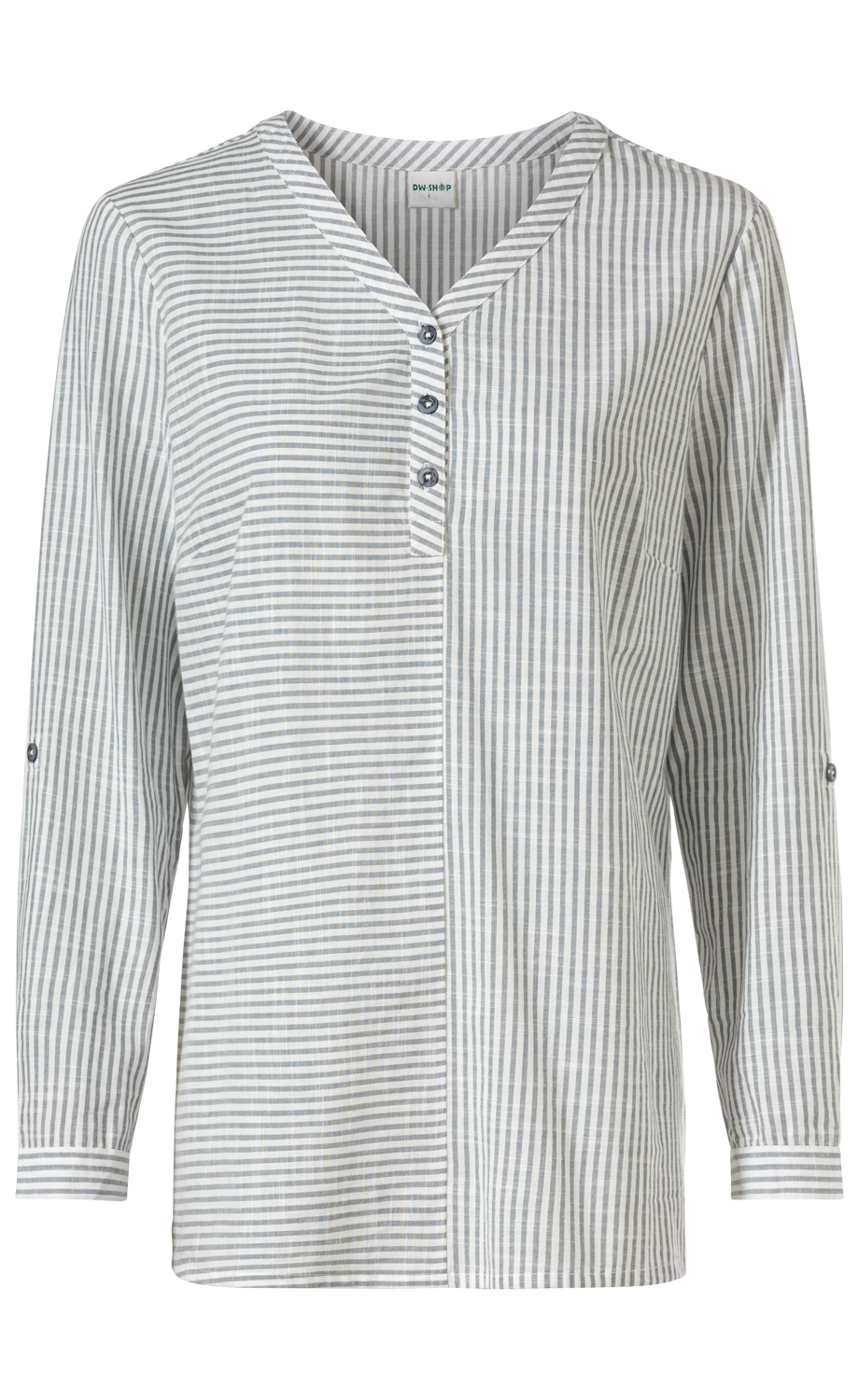 Baumwoll-Bluse mit grauen und weißen senkrechten und waagerechten Streifen, V-Ausschnitt mit Knopfleiste und drei Knöpfen, lange Ärmel mit Knopfverschluss zum Aufkrempeln, locker geschnitten
