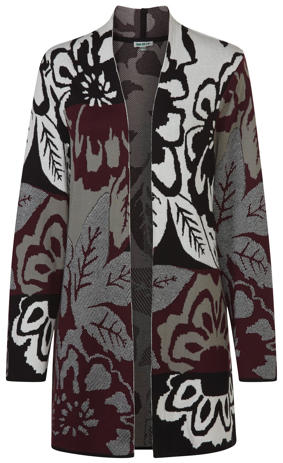 Baumwoll-Mix-Strickjacke mit offenem Schnitt, langärmelig, florales Muster in Schwarz, Weiß, Grau und Dunkelrot, bequeme Passform, angenehmes Tragegefühl, vielseitig kombinierbar, mittellang