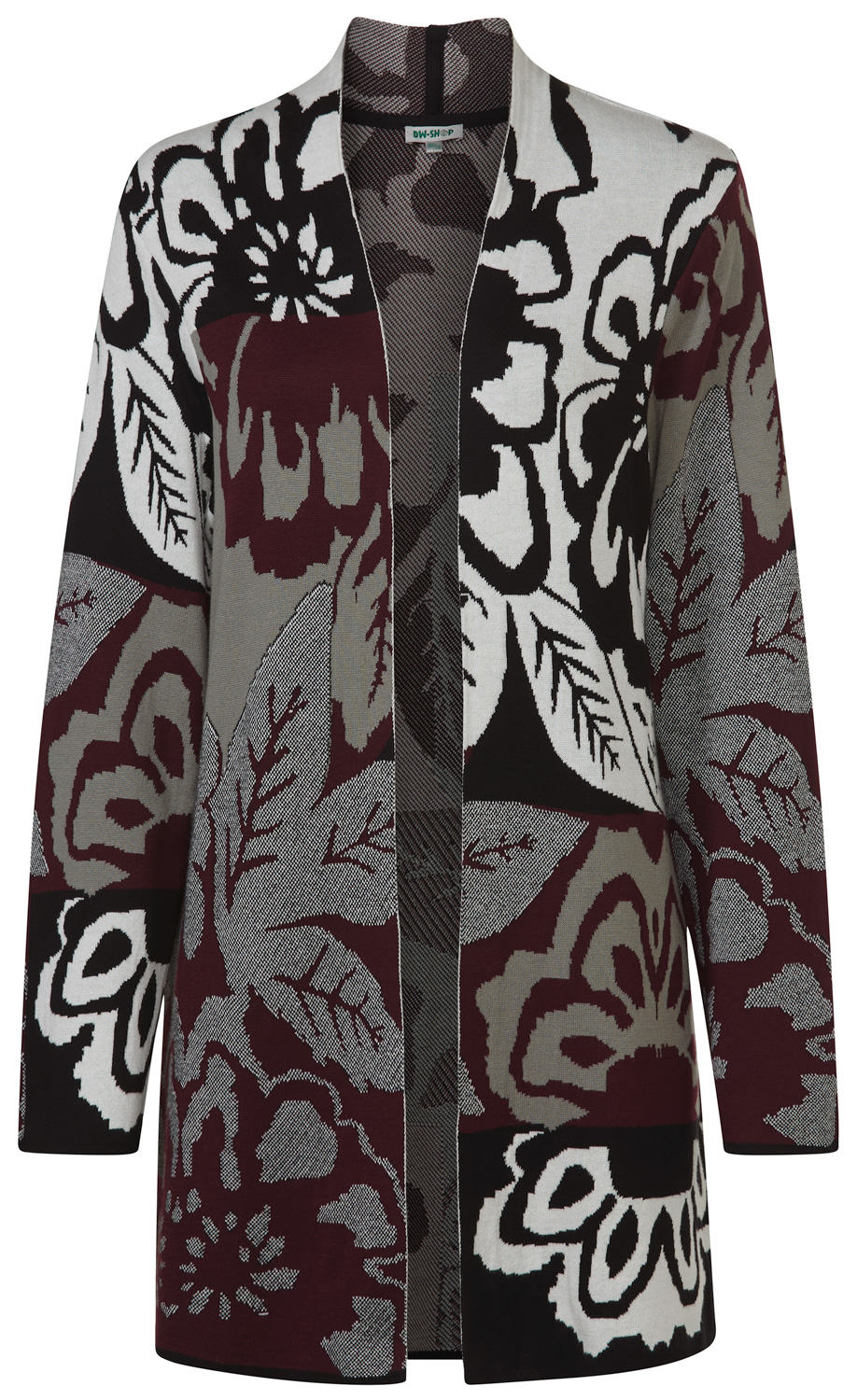 Baumwoll-Mix-Strickjacke mit offenem Schnitt, langärmelig, florales Muster in Schwarz, Weiß, Grau und Dunkelrot, bequeme Passform, angenehmes Tragegefühl, vielseitig kombinierbar, mittellang