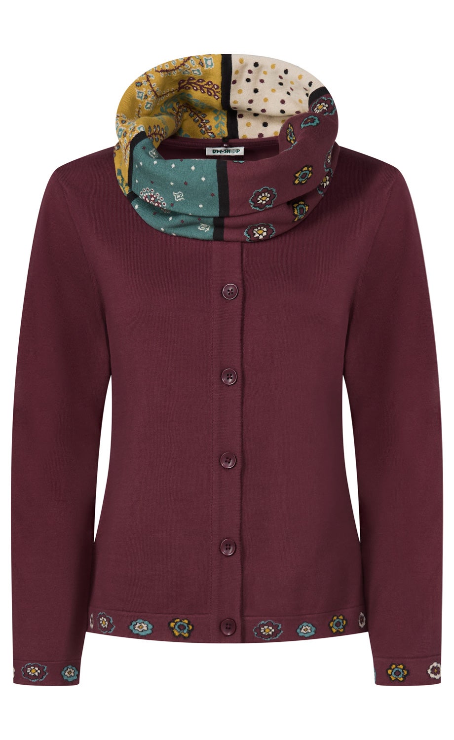 weinrote Damenstrickjacke mit Knöpfen, mehrfarbiger, gemusterter Schalkragen in Gelb, Grün, Beige und Bordeaux, kleine Blumenmuster am unteren Saum und Ärmeln, aus weichem Material