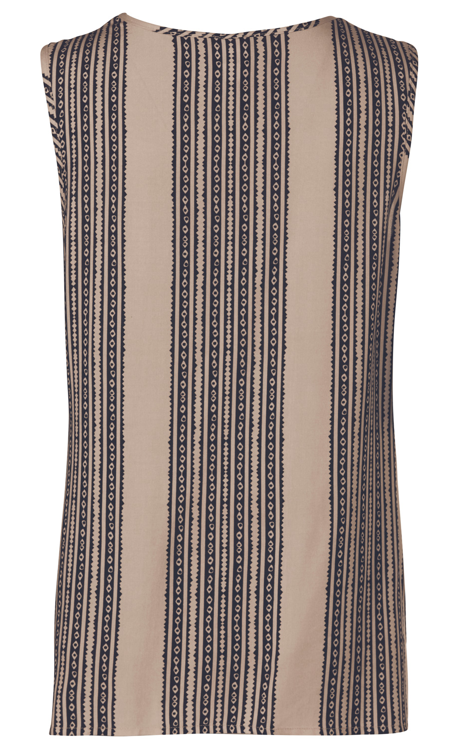 Beiges Viskose-Top mit ärmellosem Design und Rundhalsausschnitt, verziert mit dunklen, vertikalen Streifen und geometrischem Muster.
