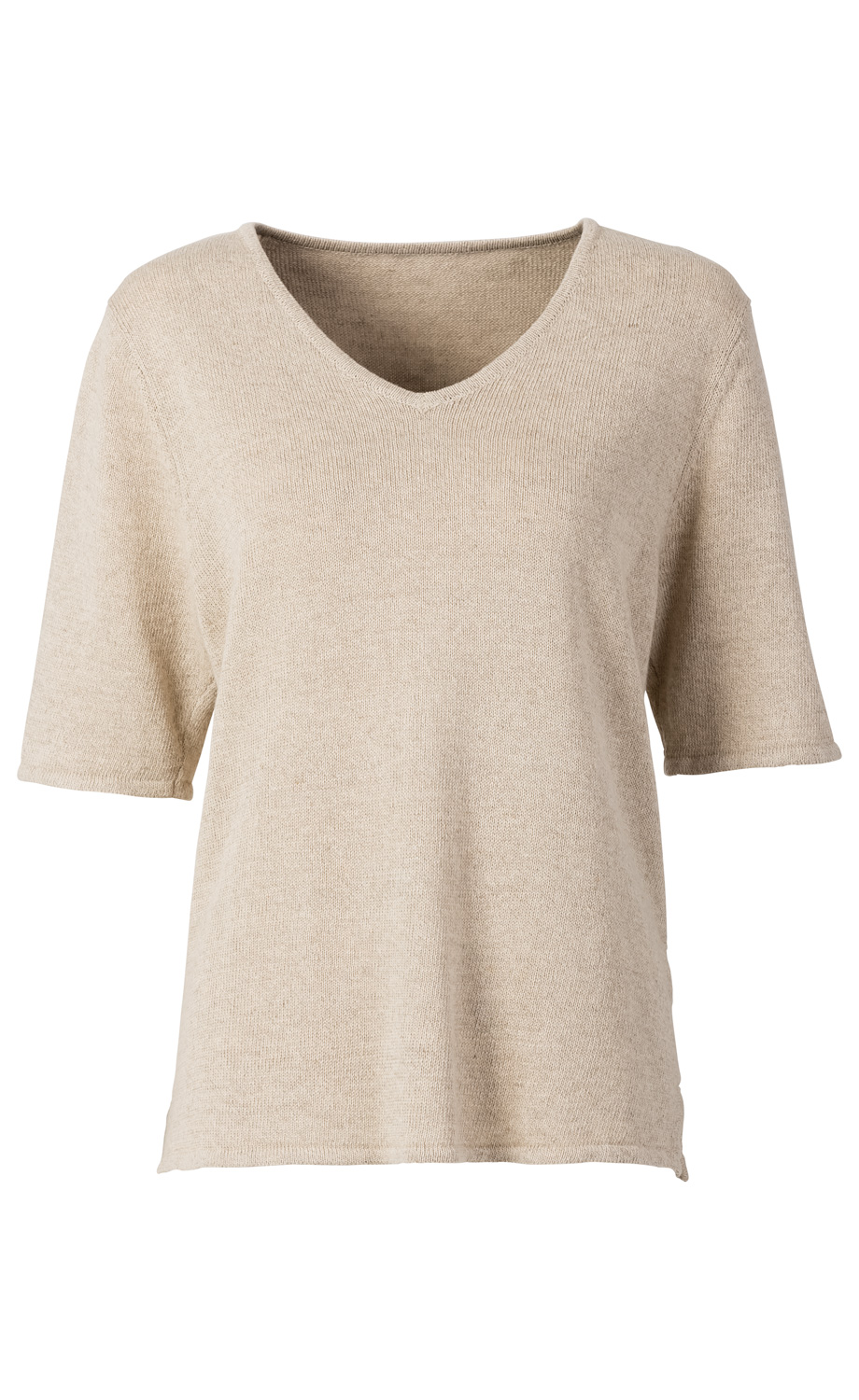 Leinen-Mix-Pullover in Beige, kurzärmlig, V-Ausschnitt, leicht strukturierter Stoff, lockere Passform, schlichtes, unifarbenes Design, geeignet für den Sommer, natürliche Materialien und angenehmer Tragekomfort.