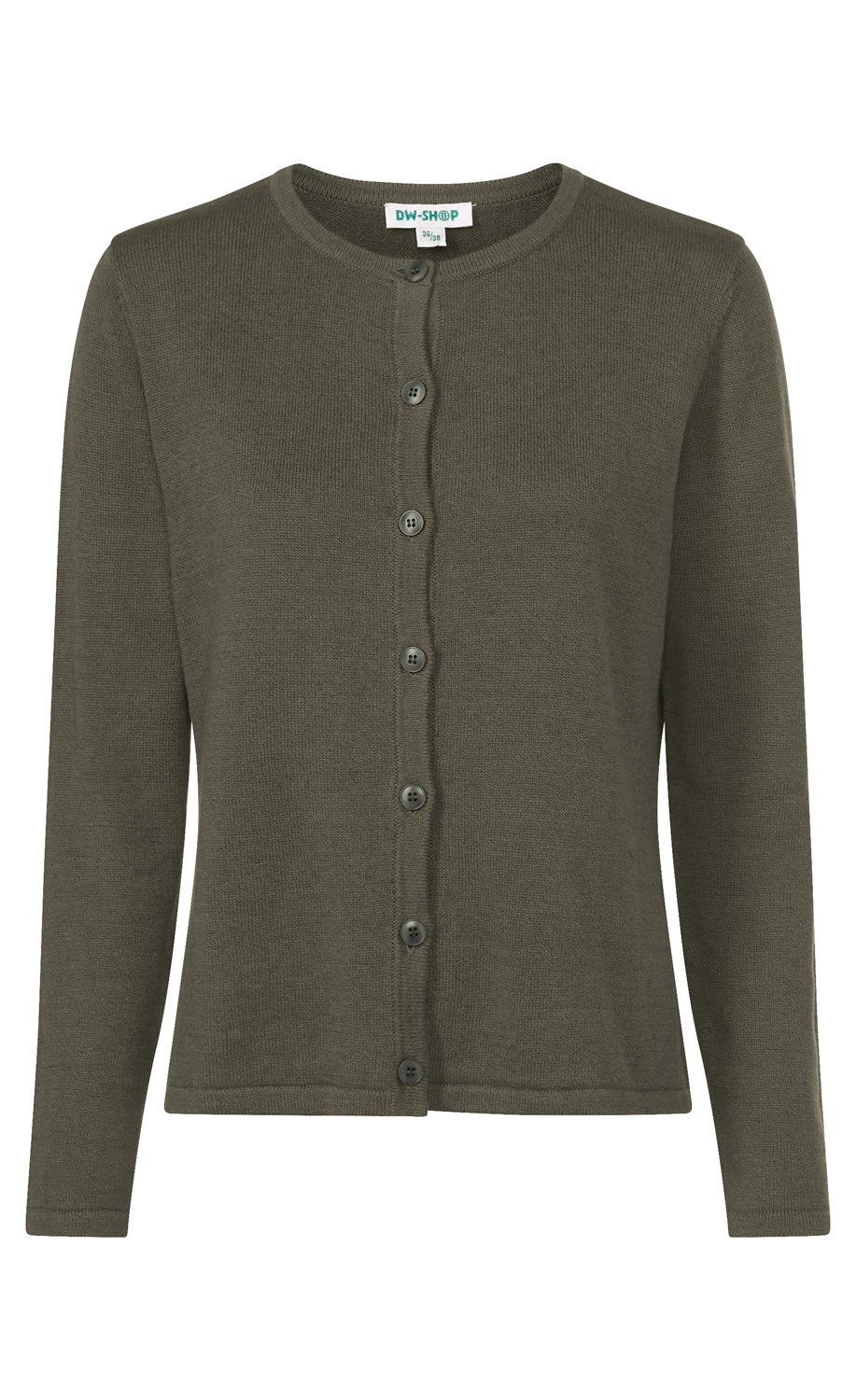 dunkelgrüne Strickjacke mit langen Ärmeln, runder Ausschnitt, durchgehende Knopfleiste mit sieben Knöpfen, schlichte und fein gestrickte Oberfläche, gerader Saumabschluss