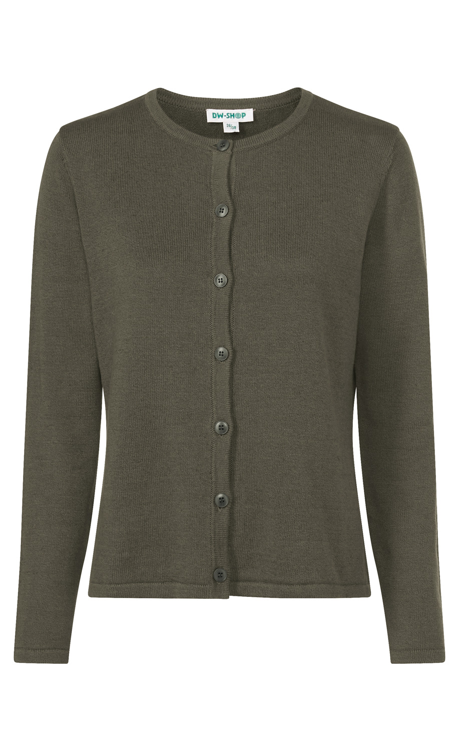 dunkelgrüne Strickjacke mit langen Ärmeln, runder Ausschnitt, durchgehende Knopfleiste mit sieben Knöpfen, schlichte und fein gestrickte Oberfläche, gerader Saumabschluss
