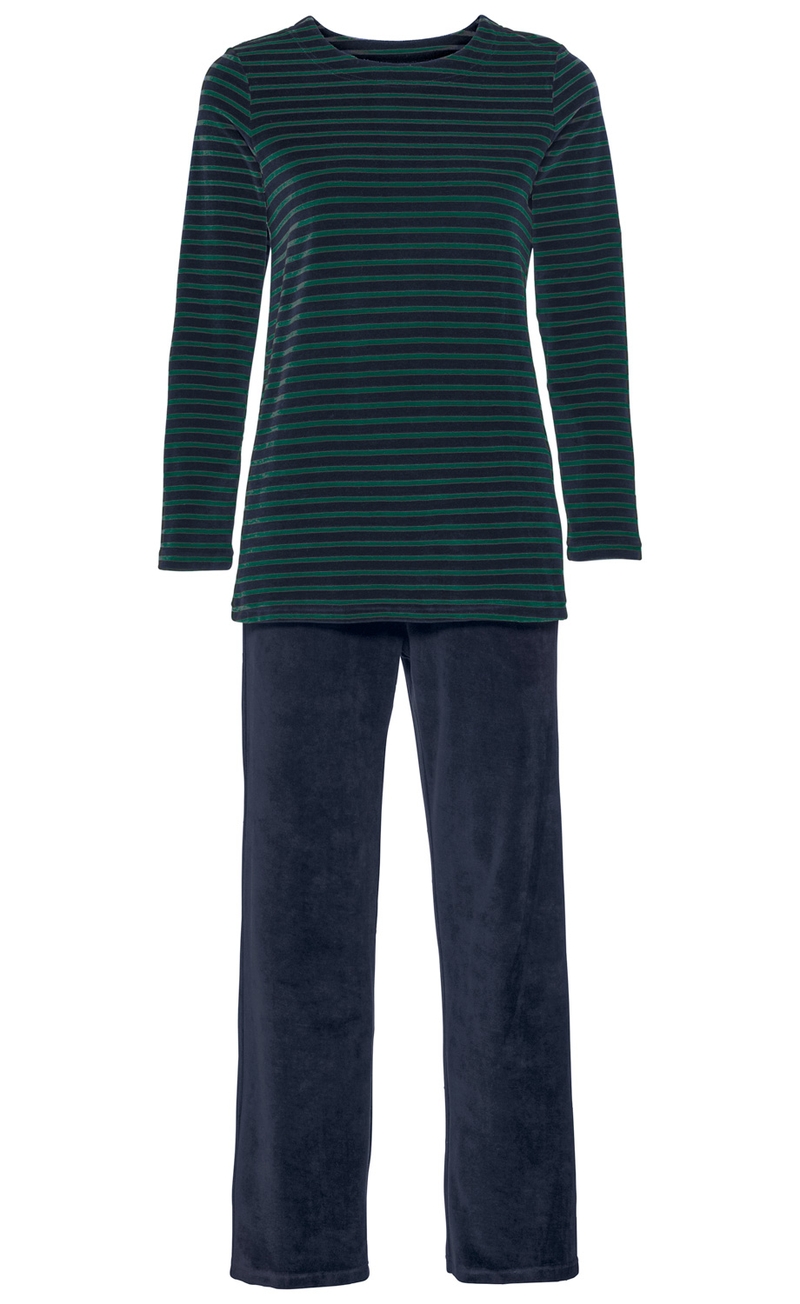 Damen-Pyjama mit langärmeligem, dunkelblauem Shirt mit grünen Querstreifen und dunkelblauen, langen Hose aus weichem Frottee-Material