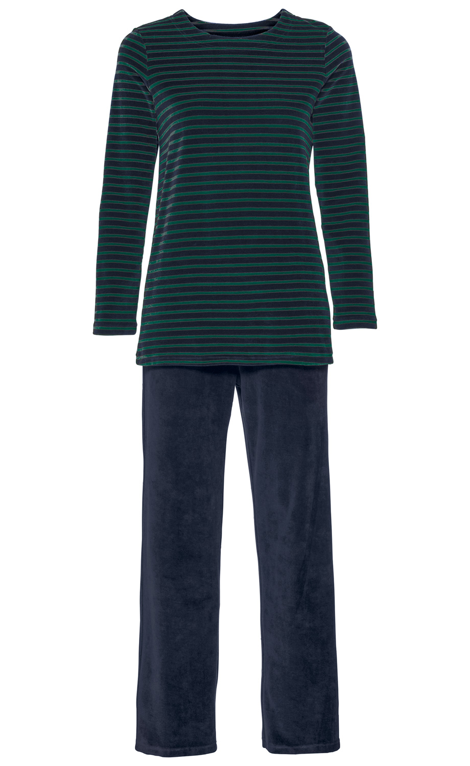 Damen-Pyjama mit langärmeligem, dunkelblauem Shirt mit grünen Querstreifen und dunkelblauen, langen Hose aus weichem Frottee-Material